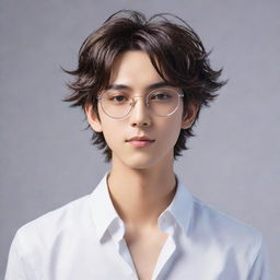 A stylish anime boy with shiny glasses enhancing his intellectual charm; his hair styled fashionably, and his eyes sparkling with confidence and charisma.