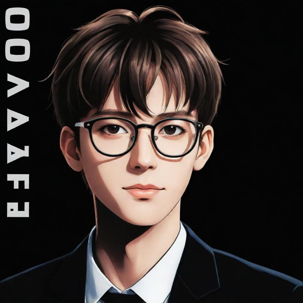 A good looking anime boy with spectacles, set against a sleek black background. The title 'Guys with Glasses' dynamically positioned beside him in modern font style glows with cool radiance.