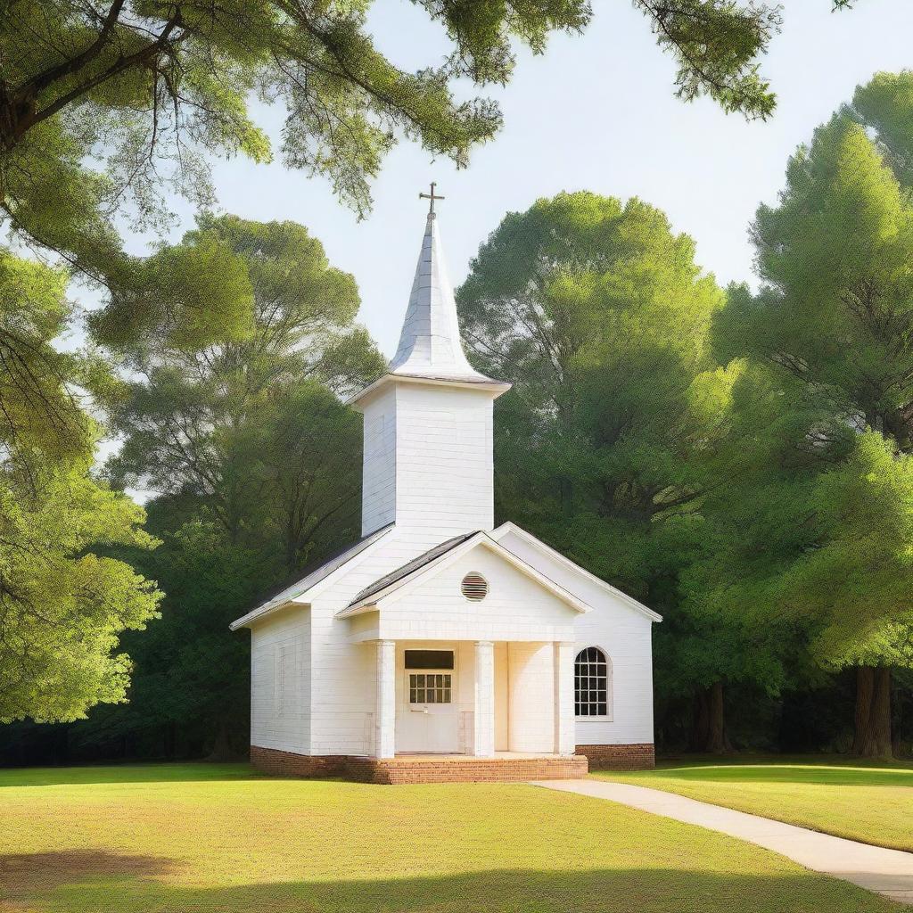 This is a high-quality image of a Baptist church in Tennessee, nestled amidst a serene pine tree forest