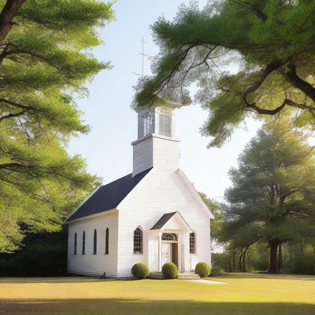 This is a high-quality image of a Baptist church in Tennessee, nestled amidst a serene pine tree forest