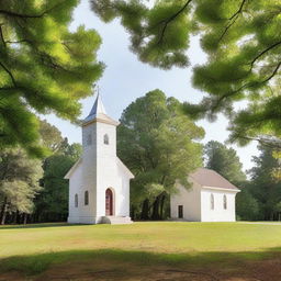 This is a high-quality image of a Baptist church in Tennessee, nestled amidst a serene pine tree forest