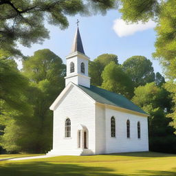 This is a high-quality image of a Baptist church in Tennessee, nestled amidst a serene pine tree forest