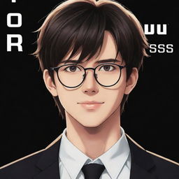 A good looking anime boy with spectacles, set against a sleek black background. The title 'Guys with Glasses' dynamically positioned beside him in modern font style glows with cool radiance.