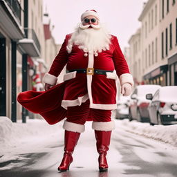 A fabulously plump Santa Claus strutting down a snowy street in high-heeled red boots, sporting long, luscious hair and a beard, complemented with a splash of radiant lipstick