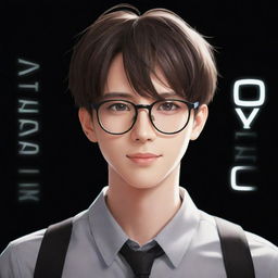 A good looking anime boy with spectacles, set against a sleek black background. The title 'Guys with Glasses' dynamically positioned beside him in modern font style glows with cool radiance.