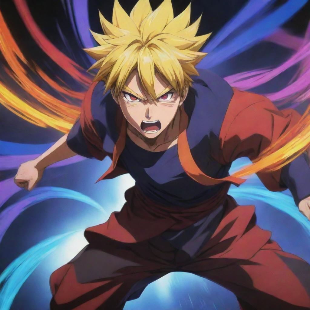 An intense anime action scene with vibrant colors and dynamic character expressions.