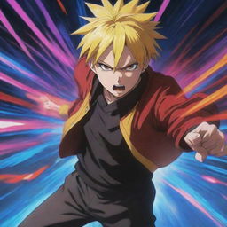 An intense anime action scene with vibrant colors and dynamic character expressions.