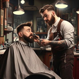 A humorous and detailed illustration featuring a customer and a barber, subtly representing the 'just mess me up fam' meme. The customer should look hesitant, while the barber approaches eagerly with scissors.