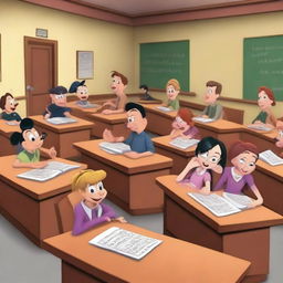 A high-quality 5D image, rendered in the Disney style, capturing a disorderly university classroom environment