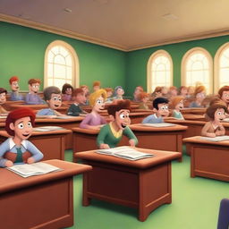 A high-quality 5D image, rendered in the Disney style, capturing a disorderly university classroom environment