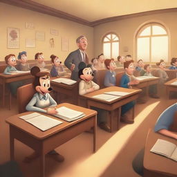 A high-quality 5D image, rendered in the Disney style, capturing a disorderly university classroom environment