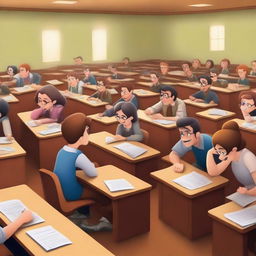 A high-quality 5D image, rendered in the Disney style, capturing a disorderly university classroom environment