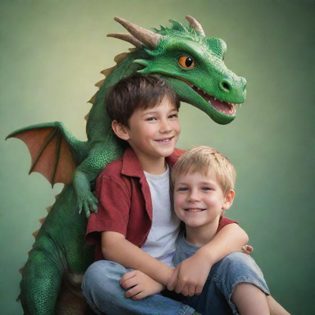 A small playful dragon enjoys an unlikely friendship by sitting casually on top of a young boy's shoulder; both with expressions of friendship and mischief on their faces.