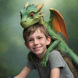 A small playful dragon enjoys an unlikely friendship by sitting casually on top of a young boy's shoulder; both with expressions of friendship and mischief on their faces.