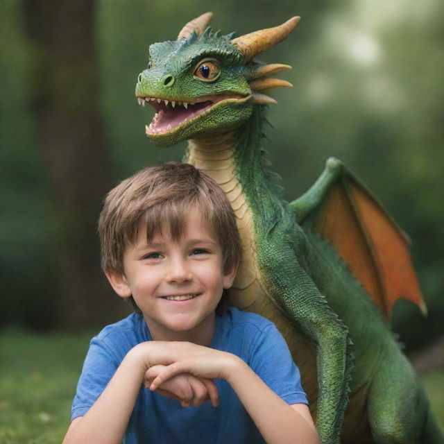 A small playful dragon enjoys an unlikely friendship by sitting casually on top of a young boy's shoulder; both with expressions of friendship and mischief on their faces.