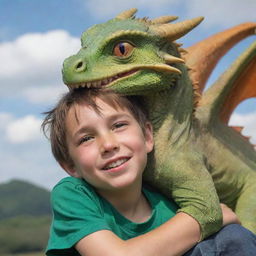 A small playful dragon enjoys an unlikely friendship by sitting casually on top of a young boy's shoulder; both with expressions of friendship and mischief on their faces.