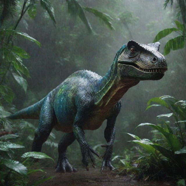 A vibrant, detailed image of a dinosaur gracefully roaming in a lush, dense jungle under a downpour of rain.