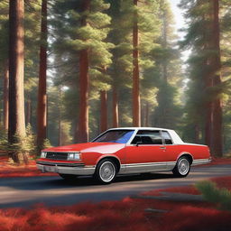 A top-notch digital render showcases a 1989 Oldsmobile Cutlass Supreme, painted in a vibrant red with a contrasting plain white roof