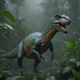 A vibrant, detailed image of a dinosaur gracefully roaming in a lush, dense jungle under a downpour of rain.