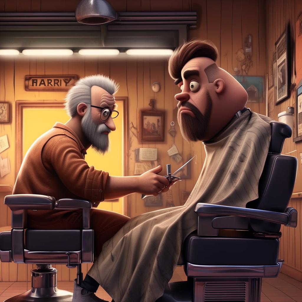 A humorous and detailed illustration featuring a customer and a barber, subtly representing the 'just mess me up fam' meme. The customer should look hesitant, while the barber approaches eagerly with scissors.