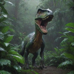 A vibrant, detailed image of a dinosaur gracefully roaming in a lush, dense jungle under a downpour of rain.