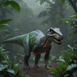 A vibrant, detailed image of a dinosaur gracefully roaming in a lush, dense jungle under a downpour of rain.