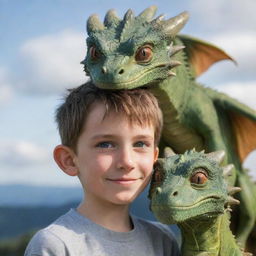 A friendly small dragon perched on the head of a boy, their eyes reflecting a deep friendship; both enjoying this unique companionship.