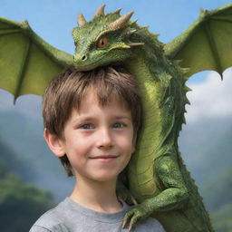 A friendly small dragon perched on the head of a boy, their eyes reflecting a deep friendship; both enjoying this unique companionship.