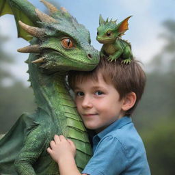 A friendly small dragon perched on the head of a boy, their eyes reflecting a deep friendship; both enjoying this unique companionship.