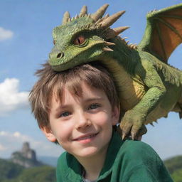 A friendly small dragon perched on the head of a boy, their eyes reflecting a deep friendship; both enjoying this unique companionship.