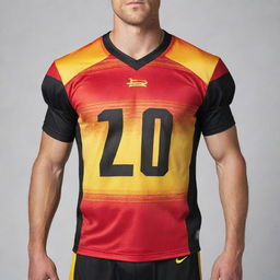 A vibrant football jersey featuring an intricate blend of red, yellow, and black colors.