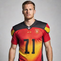 A vibrant football jersey featuring an intricate blend of red, yellow, and black colors.