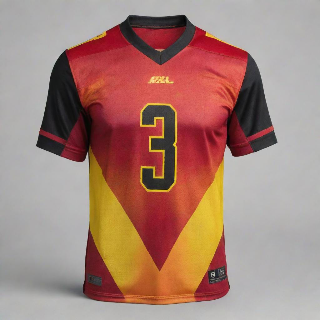 A vibrant football jersey featuring an intricate blend of red, yellow, and black colors.