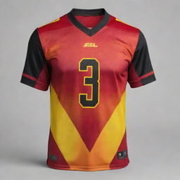 A vibrant football jersey featuring an intricate blend of red, yellow, and black colors.