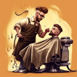 A humorous and detailed illustration featuring a customer and a barber, subtly representing the 'just mess me up fam' meme. The customer should look hesitant, while the barber approaches eagerly with scissors.