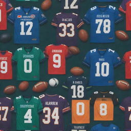 A detailed, vibrant football jersey in team colors, featuring a mix of logos, numbers, and names associated with professional football