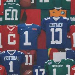 A detailed, vibrant football jersey in team colors, featuring a mix of logos, numbers, and names associated with professional football