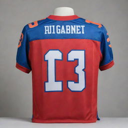 A detailed, vibrant football jersey in team colors, featuring a mix of logos, numbers, and names associated with professional football