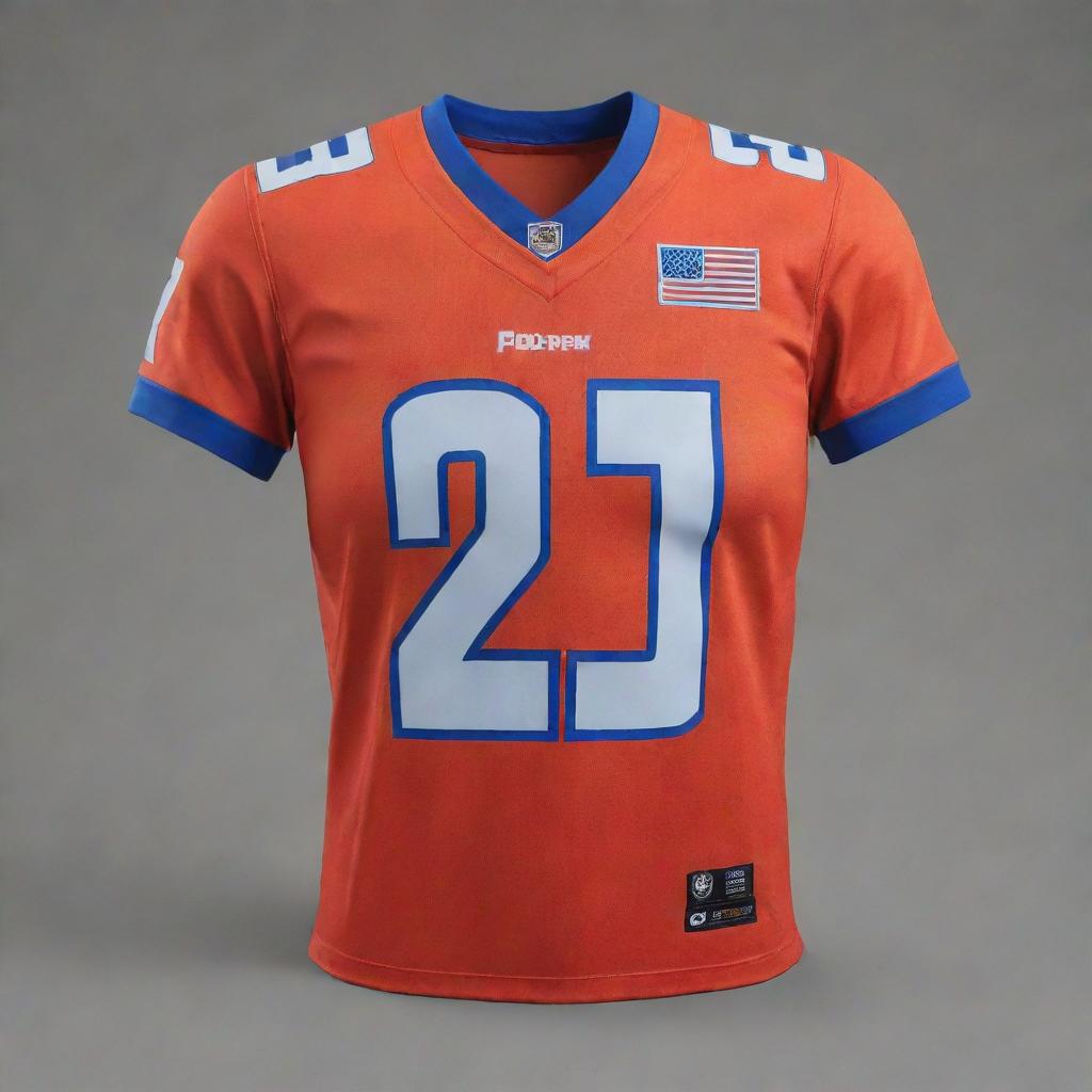 A detailed, vibrant football jersey in team colors, featuring a mix of logos, numbers, and names associated with professional football