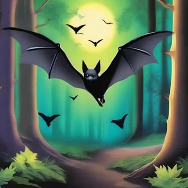 In the enchanted forest, a group of free-tailed bats with shimmering wings guided the protagonist on their mystical quest.
