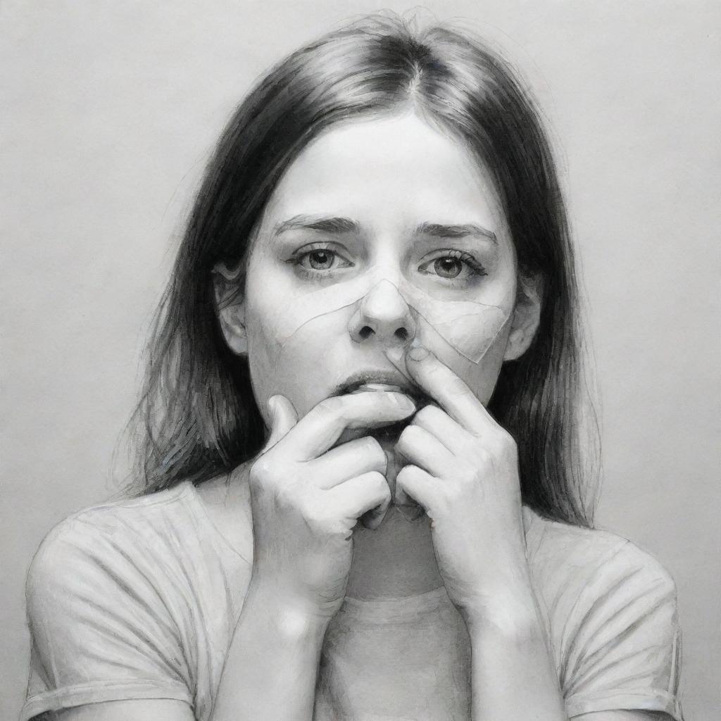 A sketch featuring a girl carefully placing tape over her mouth, drawn in black and white with attention to detail to express complex emotion