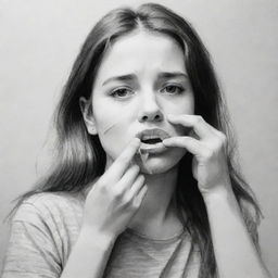 A sketch featuring a girl carefully placing tape over her mouth, drawn in black and white with attention to detail to express complex emotion