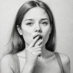 A sketch featuring a girl carefully placing tape over her mouth, drawn in black and white with attention to detail to express complex emotion