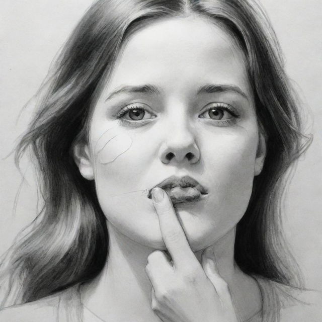 A sketch featuring a girl carefully placing tape over her mouth, drawn in black and white with attention to detail to express complex emotion