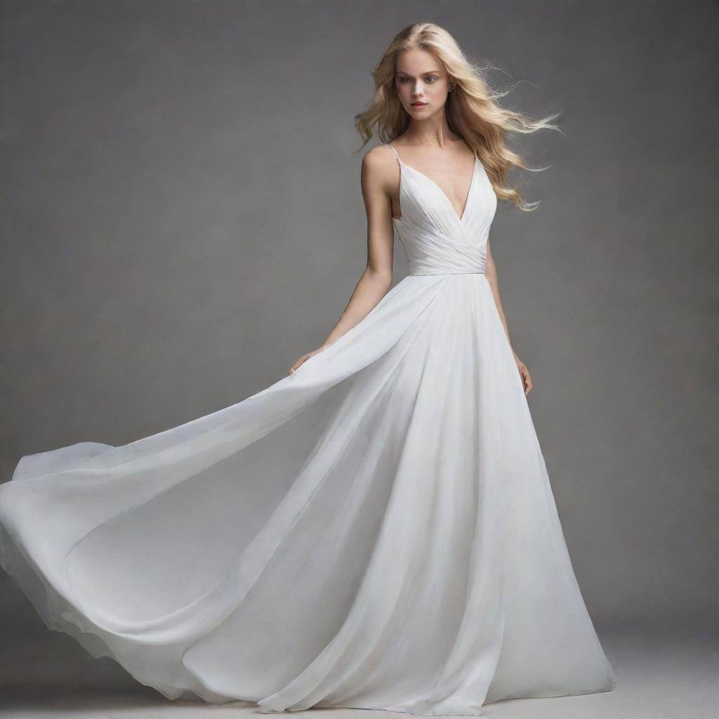 A striking model with blonde hair, elegantly clad in a flowing white gown.