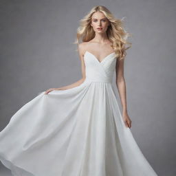 A striking model with blonde hair, elegantly clad in a flowing white gown.