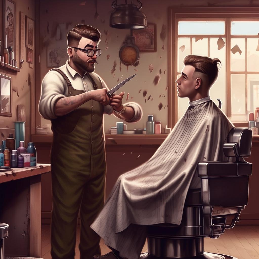 A humorous and detailed illustration featuring a customer and a barber, subtly representing the 'just mess me up fam' meme. The customer should look hesitant, while the barber approaches eagerly with scissors.