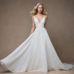 A striking model with blonde hair, elegantly clad in a flowing white gown.