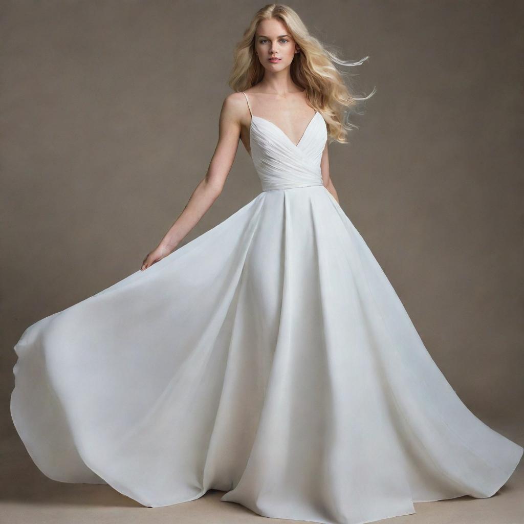 A striking model with blonde hair, elegantly clad in a flowing white gown.