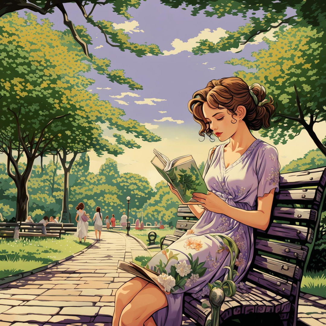 A woman engrossed in a book sits on an old wooden bench in a lively park. She's wearing a summer dress and her hair is loosely tied back. The park is filled with people and activities, yet she seems to be in her own peaceful world.